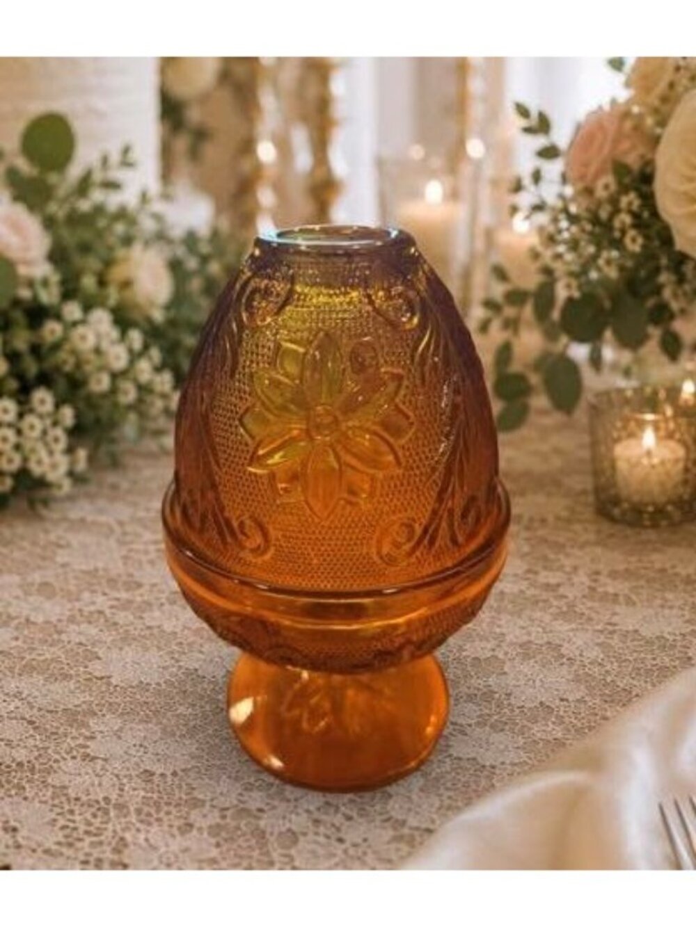 Vintage Amber Fairy Lamp by Tiara Exclusives | Indiana Glass Floral Candle Holde - Picture 2 of 5